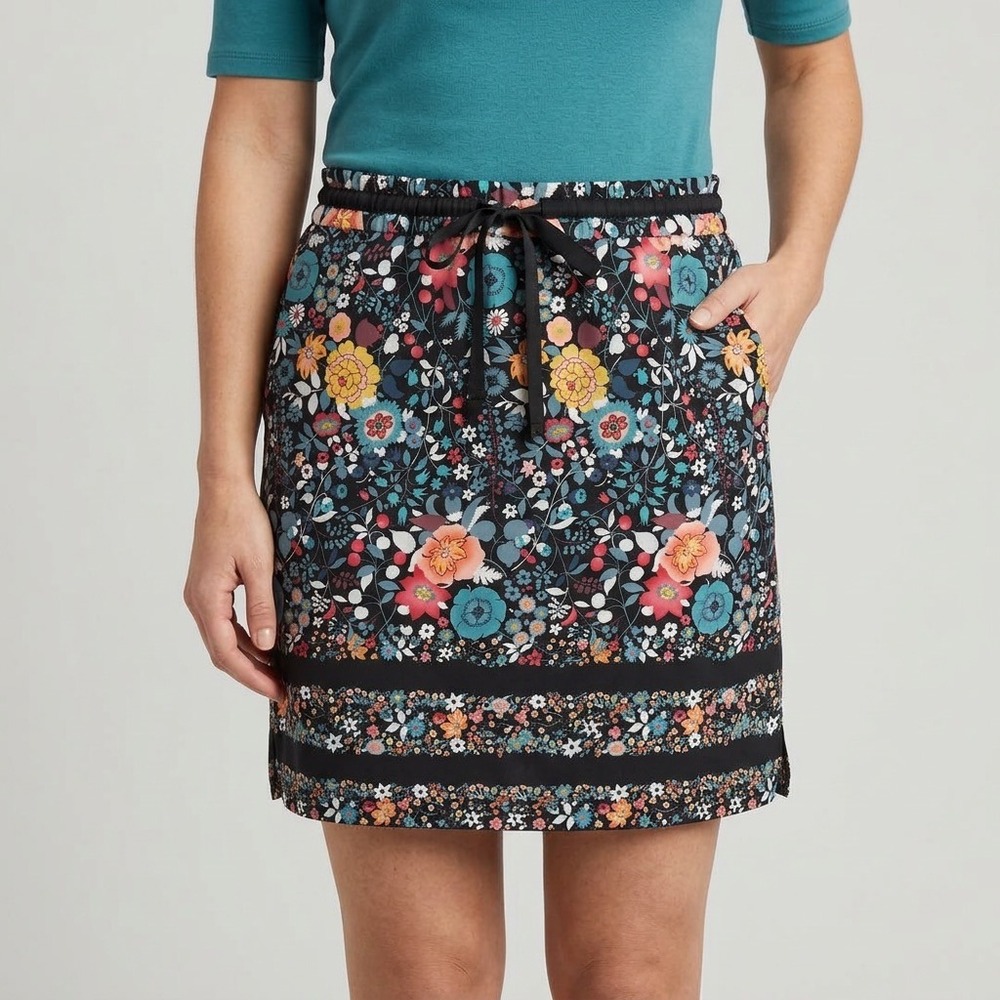 LOFT‎ Floral Mini Skirt Women Size S Black Multicolor Elastic Drawstring Pockets